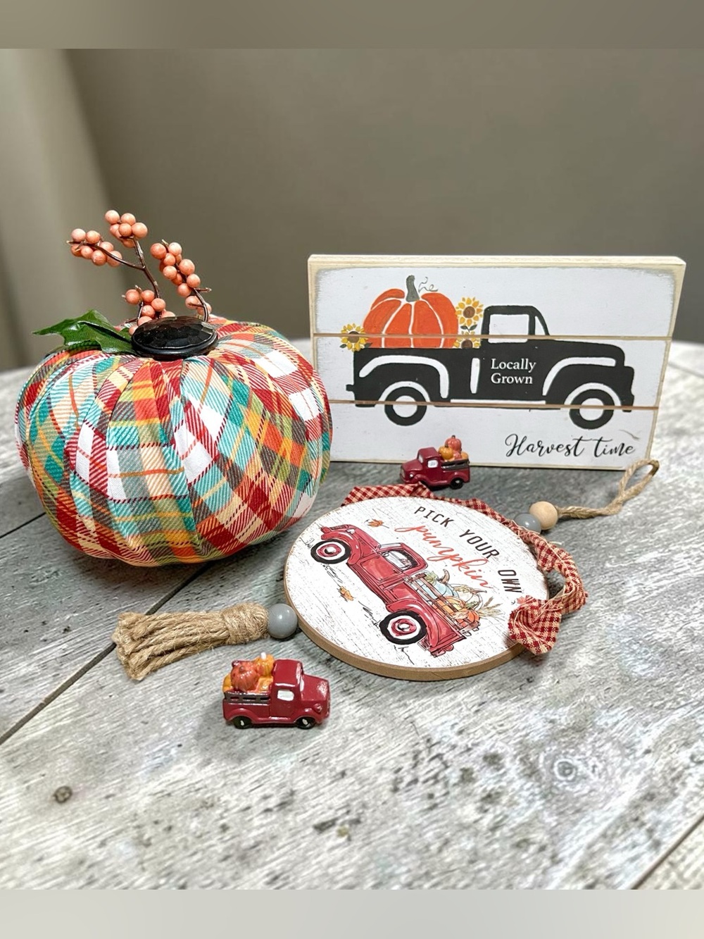 5 piece fall decoration bundle wooden sign plaid pumpkin red truck